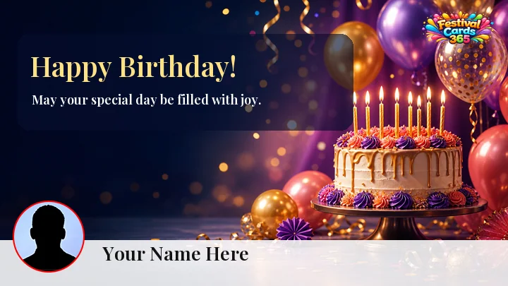 Happy Birthday wishes card preview with cake, name and photo