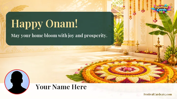 Onam 2026 wishes card preview with pookalam, name and photo