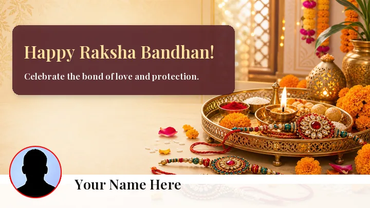 Raksha Bandhan wishes card preview with rakhi thali, name and photo