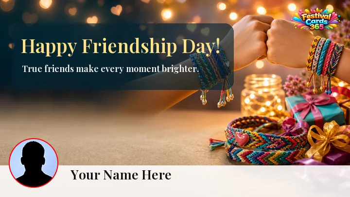 Friendship Day wishes card preview with friendship bracelets, name and photo