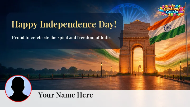 India Independence Day wishes card preview with India Gate, name and photo